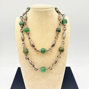 Artisan Sterling Silver & Aventurine Necklace – 32" Hand‑Formed Gemstone Strand